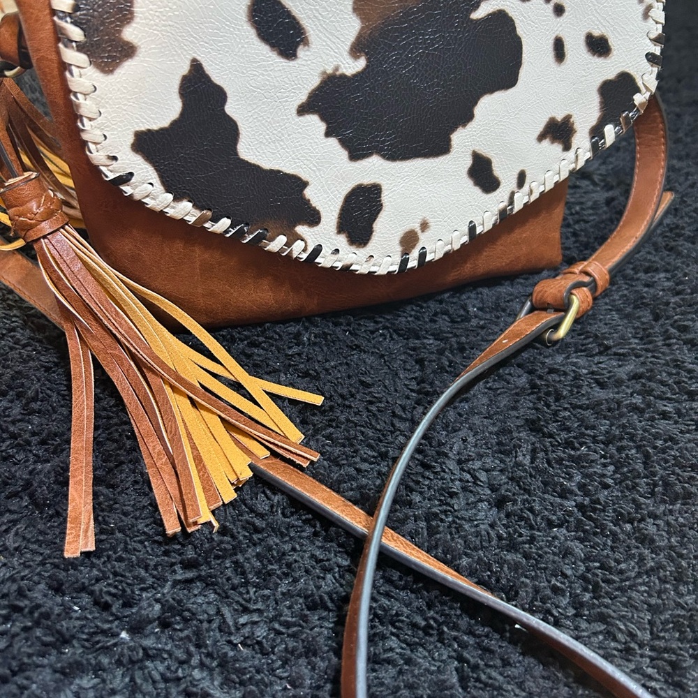 Cowhide Crossbody Bag with Tassel Accent